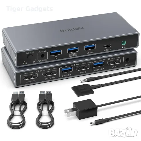 SUIDEK DisplayPort KVM суич за 2 компютъра и 2 монитора, 4K@60Hz, USB 3.0, Алуминиев