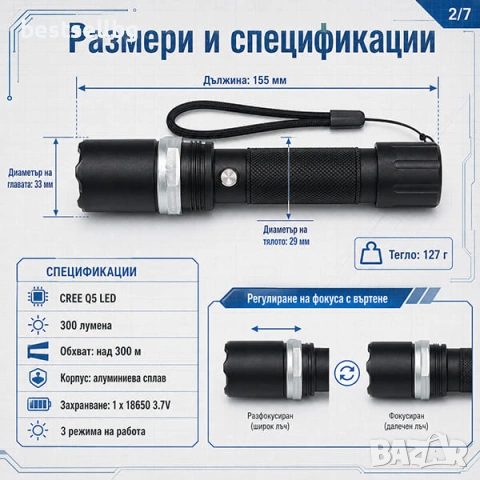Акумулаторен фенер CREE Q5 LED с фокус батерия 18650 зарядни 220V и 12V, снимка 7 - Къмпинг осветление - 47744871