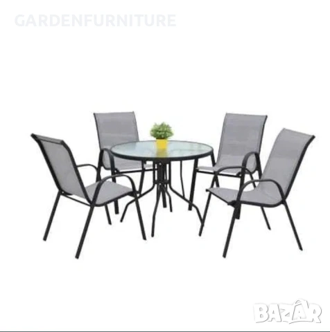 Градински Елегантен Комплект - Стъклена Маса 90см и 4 Стола