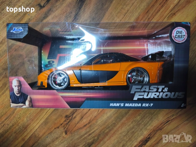 Чисто нова запечатана колекционерска количка Jada Fast & Furious – Han's Mazda RX-7, Мащаб 1:24 ...