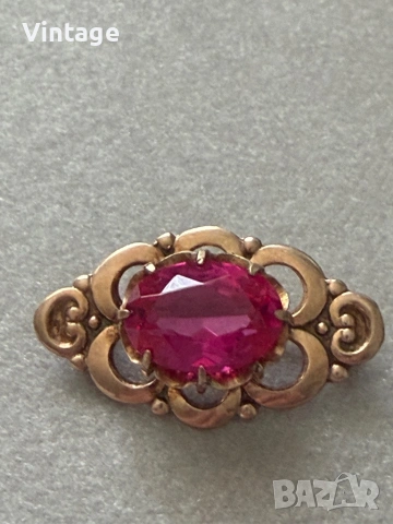 Антикварна съветска сребърна позлатена брошка с рубин , снимка 4 - Антикварни и старинни предмети - 54223416