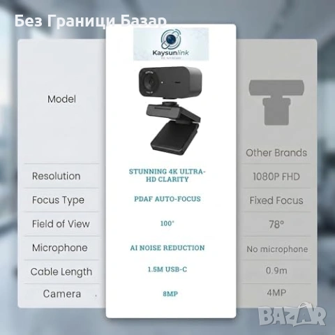Нова Компютърна уеб 4K UHD Webcam с Микрофон USB Камера за Стрийминг Zoom Teams, снимка 7 - Друга електроника - 54723933