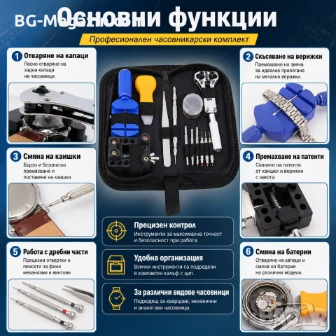Професионален часовникарски комплект инструменти отвертки отваряне часовници смяна верижки батерии, снимка 2 - Отвертки - 50973769