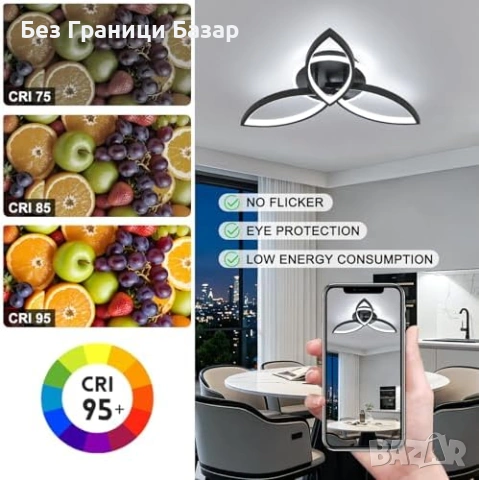 Нова Модерна LED таванна лампа Clover 50см 4480lm с App контрол дистанционно черна димируема, снимка 8 - Лед осветление - 54272381