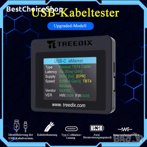 Treedix USB тестер за кабели 2.4-инчов цветен дисплей поддържа множество типове кабели – USB-C, снимка 10 - Друга електроника - 54481046
