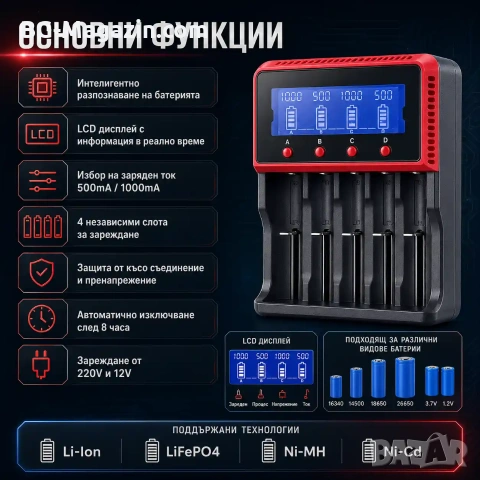 Бързо и умно интелигентно зарядно устройство за батерии на 1.2V и 3.7V 18650 16340 26650 14500 AAA, снимка 2 - Друга електроника - 51041476