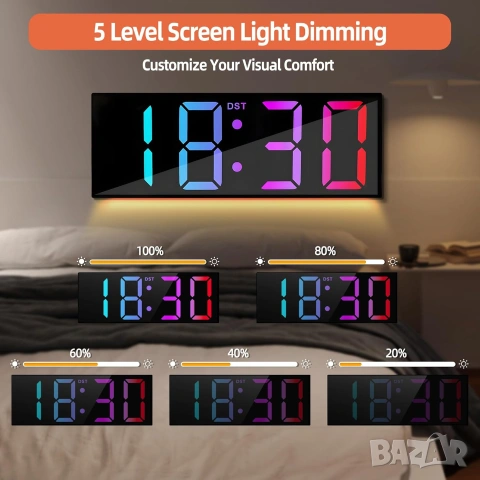 Дигитален Стенен Часовник 12" RGB LED с Дистанционно, Дата и Будилник, снимка 6 - Стенни часовници - 54971834