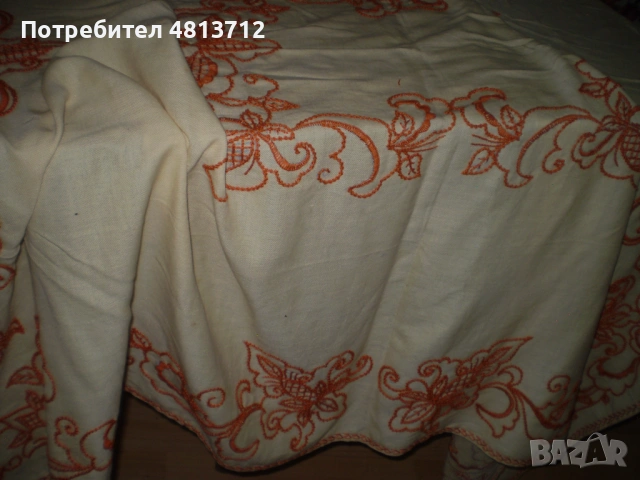 Ретро покривка от лен с ръчна бродерия в оранжев цвят., снимка 10 - Антикварни и старинни предмети - 54688135