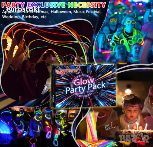 Парти комплект неонови пръчки MULEVIP Glow Party, 347 части, фосфоресциращи пръчки с конектори , снимка 3 - Декорация за дома - 54493021