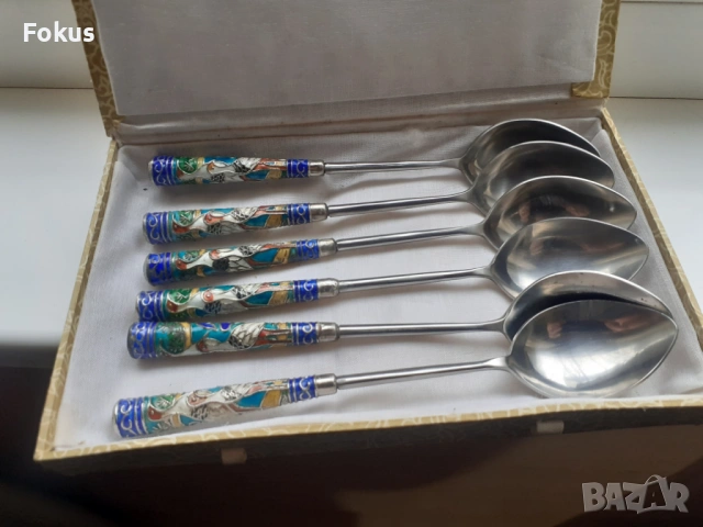 Комплект антикварни лъжички с клетъчен емайл - клоазоне
