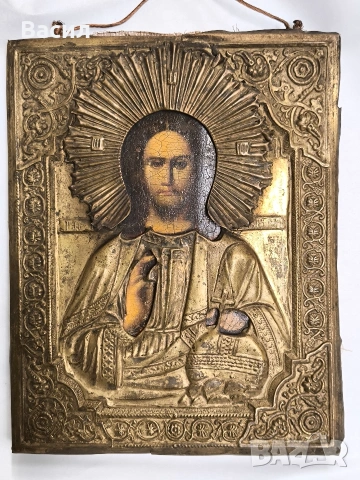 Старинна руска икона „Христос Вседържител“ с метален обков, снимка 10 - Антикварни и старинни предмети - 55072649