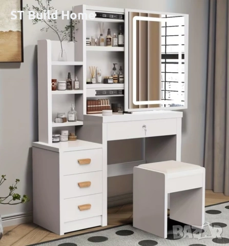 🪞 ТОП ОФЕРТА! ЛУКСОЗНА БЯЛА ТОАЛЕТКА ЗА ГРИМ С LED ОСВЕТЛЕНИЕ И СТОЛ 🪞