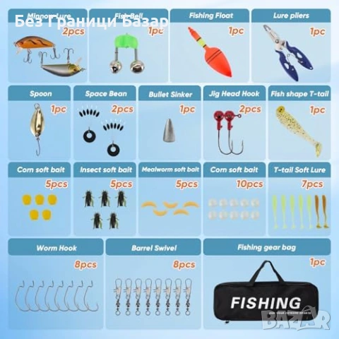 Нов Комплект детски въдици 2 броя с примамки макара чанта аксесоари рибар, снимка 2 - Въдици - 54043429
