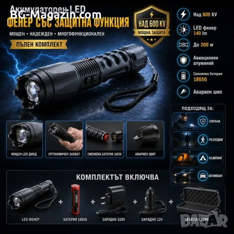 Мощен акумулаторен ръчен LED фенер с електрошок кучегон самоотбрана кучета охрана самозащита дански, снимка 7 - Оборудване и аксесоари за оръжия - 51014614