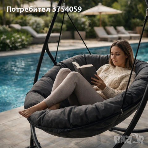 Висящ стол PATIO с тъмносива  възглавница и сива рамка - стилен акцент за всеки дом и градина, снимка 2 - Градински мебели, декорация  - 55163767