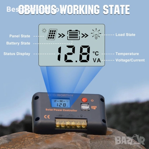 30A соларен контролер за зареждане 12/24V PWM Bluetooth приложение мониторинг 2 USB порта, снимка 8 - Друга електроника - 54914044