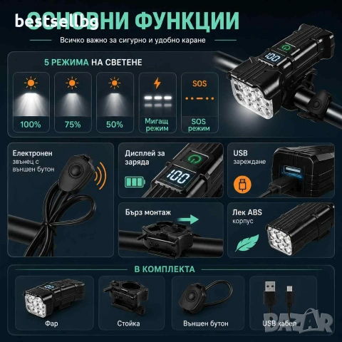 Акумулаторен LED фар за велосипед X-TIGER 2 в 1 със звънец USB дисплей 400 лумена 5 режима, снимка 2 - Аксесоари за велосипеди - 55154455