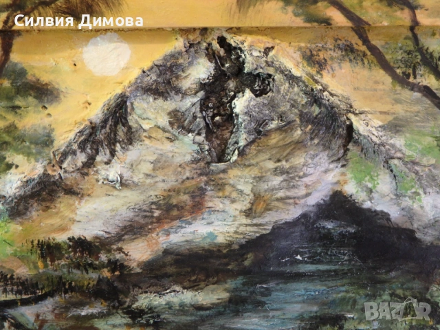 Залез край реката до пещерата (маслени бои върху кора от бреза), снимка 4 - Картини - 54690719