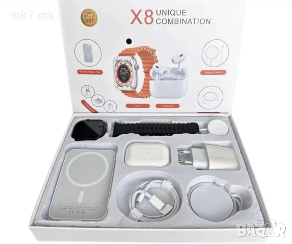 Комплект 8 в 1 с X8 Smartwatch,безжични слушалки,зарядно,кабели,външна батерия, снимка 3 - Смарт гривни - 54911912
