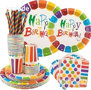 Парти комплект Happy Birthday в цветен дизайн – 10 чаши, 10 сламки, 10 салфетки, чинии и декорация 