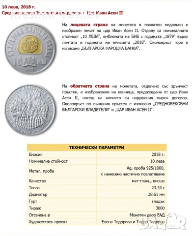 10 лева, 2018 г. Цар Иван Асен II Средновековни български владетели, снимка 3 - Нумизматика и бонистика - 54452798