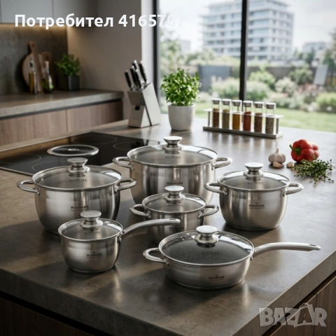 Комплект съдове за готвене Maxmark 12 части от неръждаема стомана – тенджери, касерола и тиган, снимка 3 - Съдове за готвене - 54477630