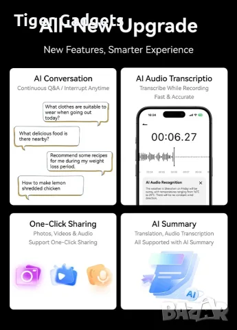 AG18 AI смарт очила с Full HD камера, Bluetooth 5.4, AI превод и гласов асистент, Черни, снимка 4 - Камери - 55557256