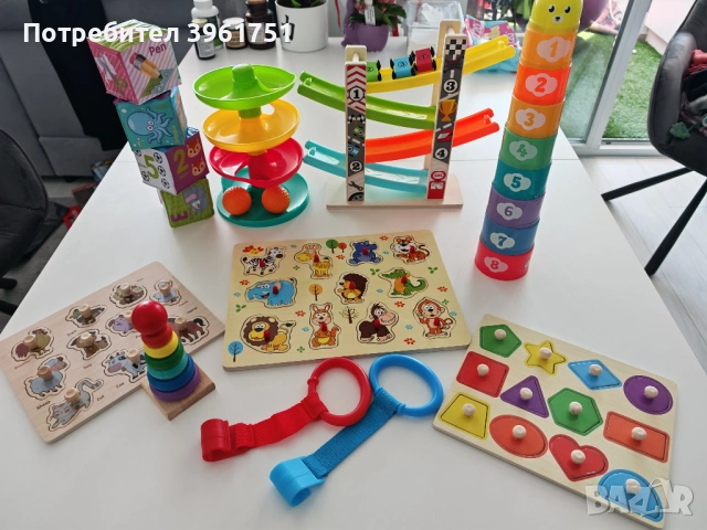 Образователен Лот Дървени Играчки - Пъзели, Монтесори Пирамида и Писти