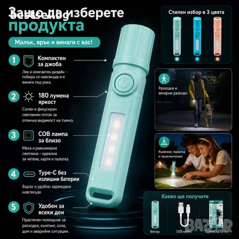Акумулаторно LED фенерче Aerbes 180 лумена USB Type-C 400mAh с COB лампа и фокус, снимка 3 - Къмпинг осветление - 55154504