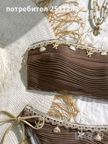 Нов кафяв бански от две части с декоративни мидички и връзки., снимка 3 - Бански костюми - 54050871