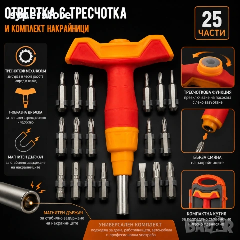 Комплект отвертка тресчотка с много накрайници в кутия многофункционален SP01445, снимка 2 - Електрически пили за пети - 54962923