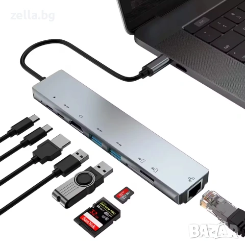 USB-C хъб 8 в 1, HDMI 4K 30Hz, RJ45 100Mbps, PD 87W, USB 3.0 за MacBook, Dell, Lenovo 10305, снимка 10 - Друга електроника - 54663317