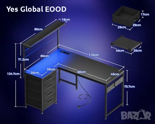 Геймърско бюро Coleshome LED 110x80 с чекмеджета, снимка 8 - Маси - 54532612