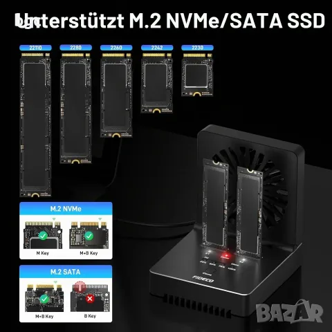 Докинг Станция NVMe M.2 SATA SSD Cloner, USB 3.2 Gen 2, 20 Gbps, сгъваем охлаждащ вентилатор,, снимка 8 - Друга електроника - 55539047