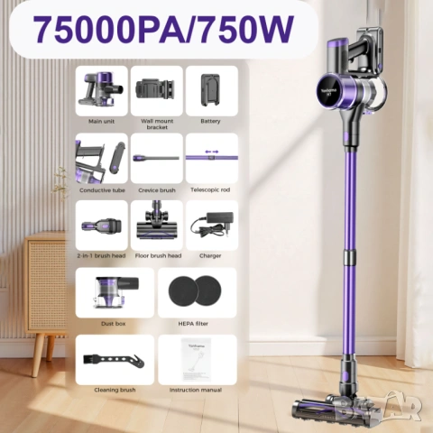 Безжична Вертикална Прахосмукачка - Yanhama H7 750W 75000Pa, 4-в-1 с 50 Мин Работа, LED!, снимка 3 - Прахосмукачки - 54691143