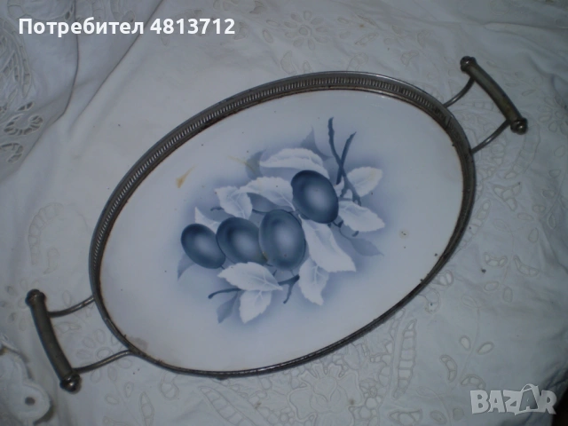 Винтидж овален поднос за сервиране с рисунка на сливи, снимка 3 - Колекции - 54794405