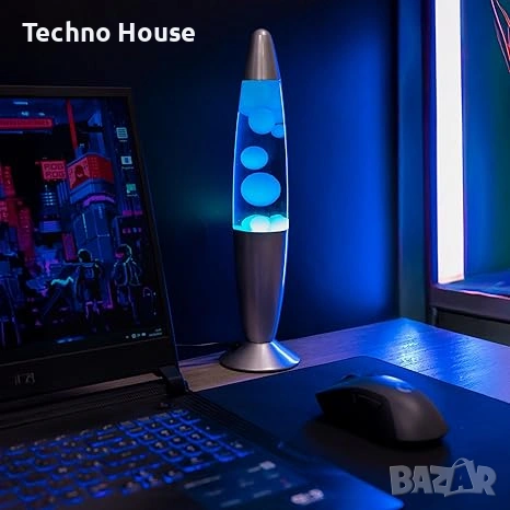 Синя и хромирана лава лампа, ретро нощна лампа 34 x 8,5 см с 2 крушки, оригинален и забавен подарък, снимка 2 - Настолни лампи - 54203109