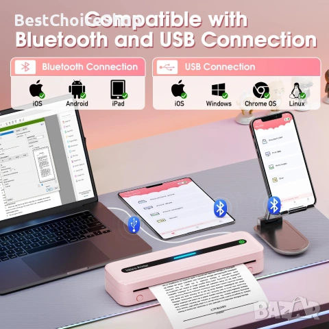 Преносим безжичен термо принтер A4 M832 Bluetooth 300DPI съвместим с Android/iOS – Розов, снимка 9 - Друга електроника - 55003953