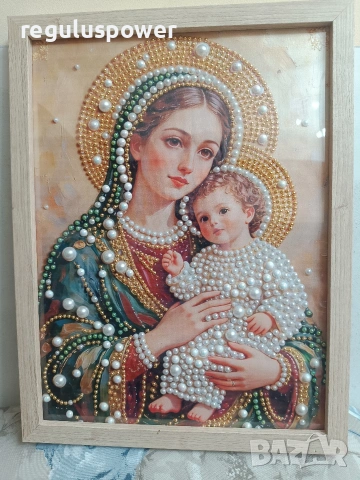 Перлена икона Богородица с Младенеца , 30*40 см. в дървена рамка, снимка 3 - Картини - 55242763