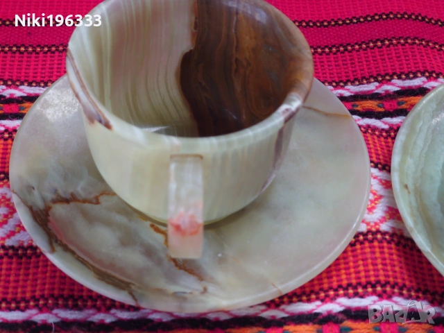 Уникален комплект от пакистански Оникс - 3 чаши с чинийки + 2 декоративни сфери, снимка 4 - Сервизи - 54007675