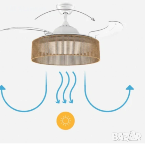 Brizy Bright Rattan – Вентилатор за таван с лампа и функция лято/зима, снимка 4 - Вентилатори - 54336933