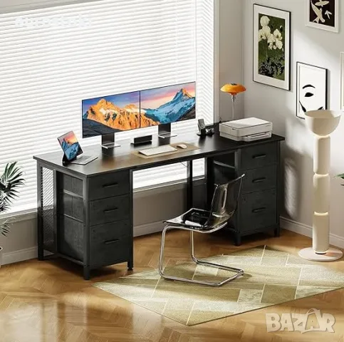 Бюро Coleshome с 6 чекмеджета, 160x52 см, вграден контакт и USB порт, бюро за компютър , снимка 2 - Бюра - 55646986