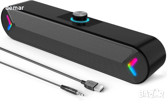 LENRUE 10W стерео компютърен саундбар с цветни светлини, 1,2 метра кабел, (черен-Aux)