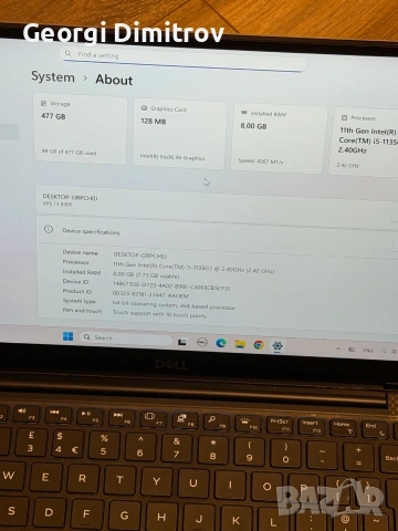 Dell XPS 13 9305 Intel i5-1135G7/8RAM/512GB NVMe/Intel Iris XE/4k Touchscreen/отличен, снимка 4 - Лаптопи за работа - 54984049