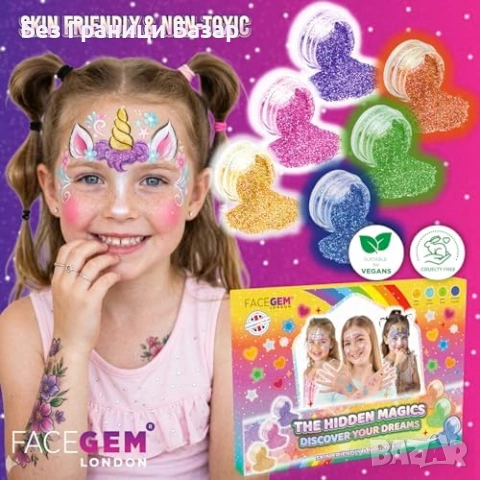 Нов детски Комплект за блестящи татуировки FACEGEM, 60 цвята, 200 шаблона, снимка 6 - Други - 55140611