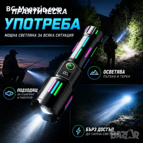 Далекобоен лазерен LED фенер прожектор мощен USB зареждане за лов риболов къмпинг туризъм работа, снимка 6 - Къмпинг осветление - 51017303