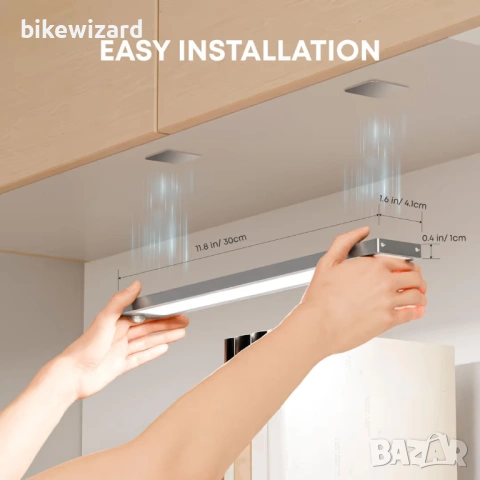 LED акумулаторна лампа за под шкаф 30 см 2200 mAh сензор за движение USB димируема – 2 броя НОВО, снимка 4 - Лед осветление - 54715994