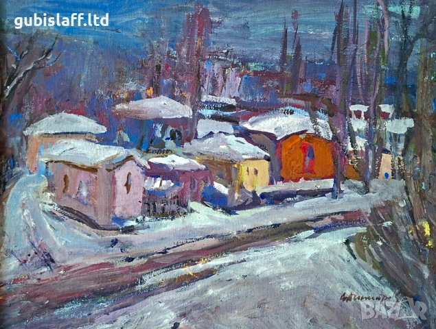 Картина, пейзаж, къщи, худ. Ал. Димитров, 1980-те год., снимка 2 - Картини - 54419759