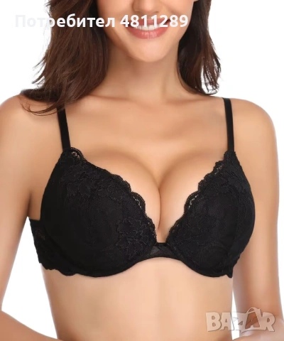 Сутиен с дантела и банели с подплънки, дълбоко V образно деколте, цвят - черен, размер - 38DD