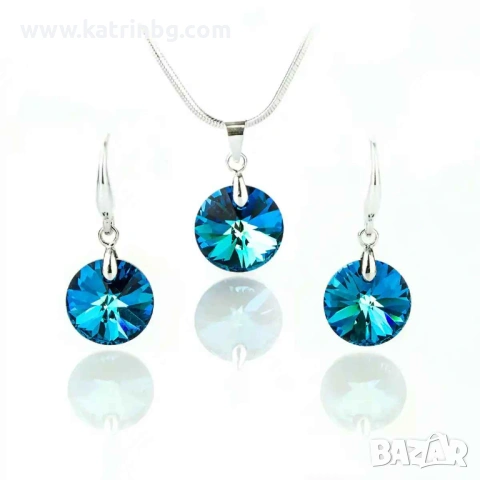 Комплект бижута Swarovski Bermuda Blue – колие и обеци с кръгли кристали